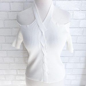 Love Encounter White Off Shoulder Halter Knit Top